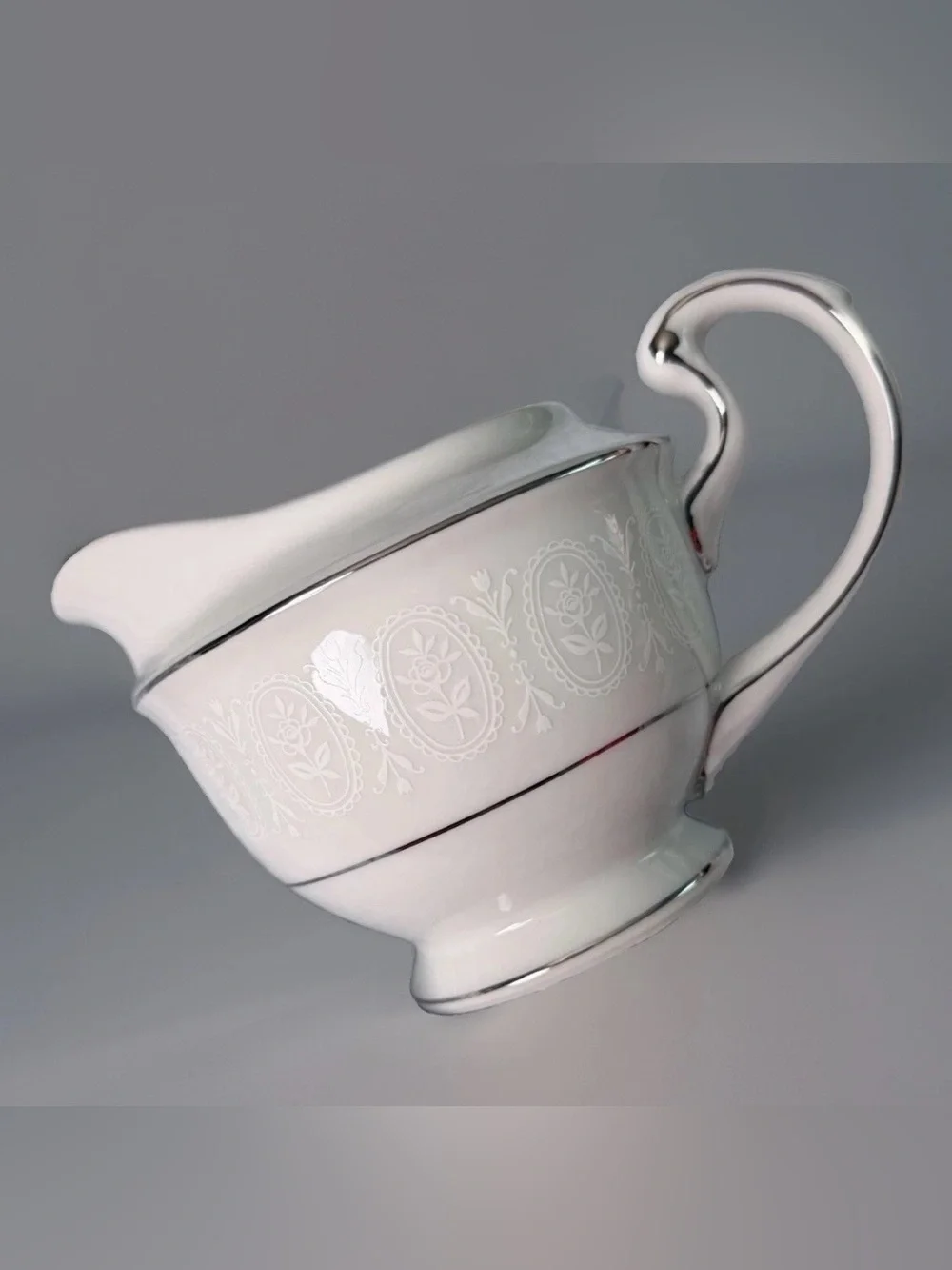 Vintage Creamer Sone China Japan Moderne 2467 Platinum Trim White Floral Scroll